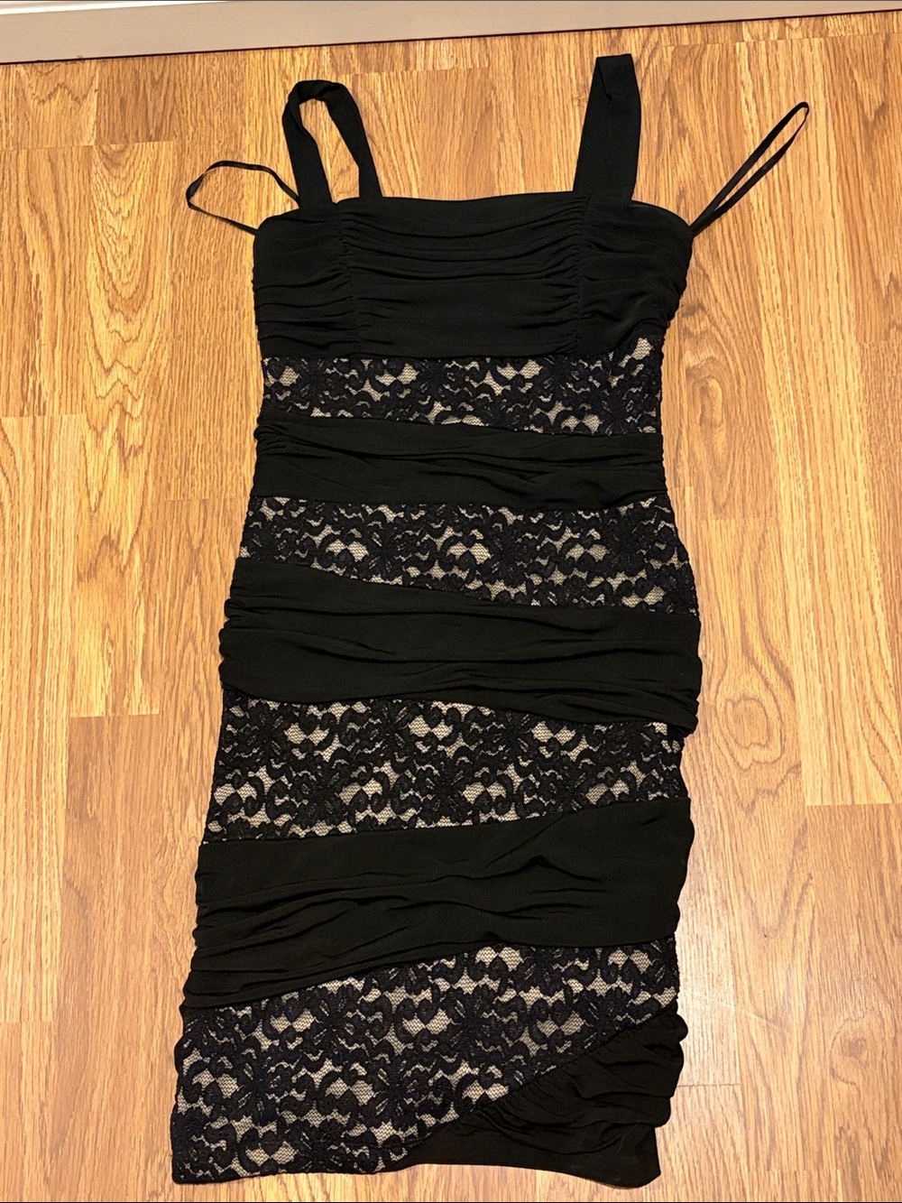 Valerie Bertinelli Black Lace Ruched Mini Dress